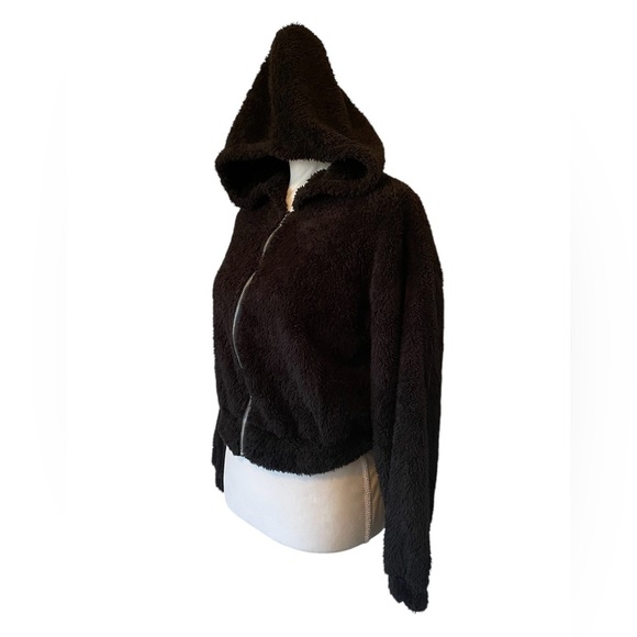 Black Hooded Super Soft Cropped Teddy Zip Up Jacket Women’s Small - Picture 2 of 13